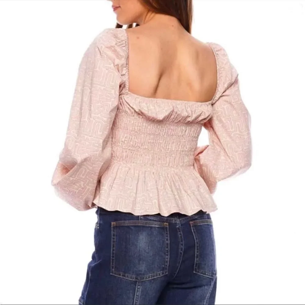 Staud Jules Top Smocked Square Neck Puff Sleeve Long Sleeve Pastel Maze XS